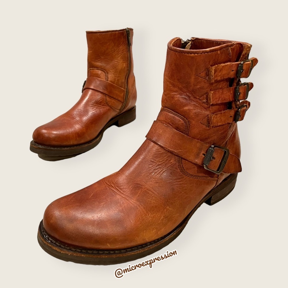 $389 Veronica Short Belted Cognac Leather Fringe Moto Vintage Combat Ankle Boot - Picture 15 of 16